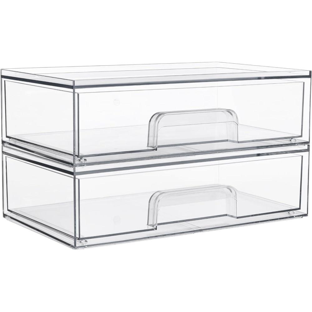 imageVtopmart 121W Clear Stackable Storage Drawers3 Pack Acrylic Plastic Organizers Bins for Makeup Palettes Cosmetics and Beauty SuppliesIdeal for Vanity BathroomCabinetDesk Organization2pack Wide