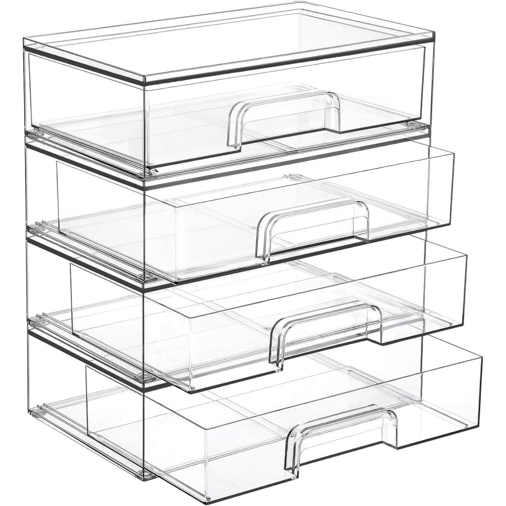 imageVtopmart 121W Clear Stackable Storage Drawers3 Pack Acrylic Plastic Organizers Bins for Makeup Palettes Cosmetics and Beauty SuppliesIdeal for Vanity BathroomCabinetDesk Organization4pack Wide