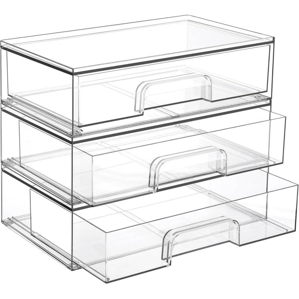 imageVtopmart 121W Clear Stackable Storage Drawers3 Pack Acrylic Plastic Organizers Bins for Makeup Palettes Cosmetics and Beauty SuppliesIdeal for Vanity BathroomCabinetDesk Organization3pack Wide