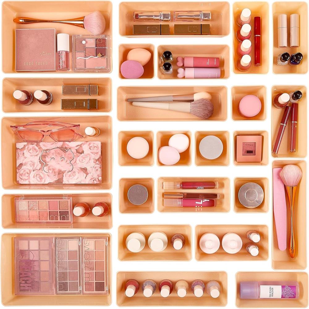 imageVtopmart 25 PCS Plastic Drawer Organizers Set 4Size Versatile Bathroom and Vanity Drawer Organizer Trays Storage Bins for Makeup Bedroom Kitchen Gadgets Utensils and OfficeOrange