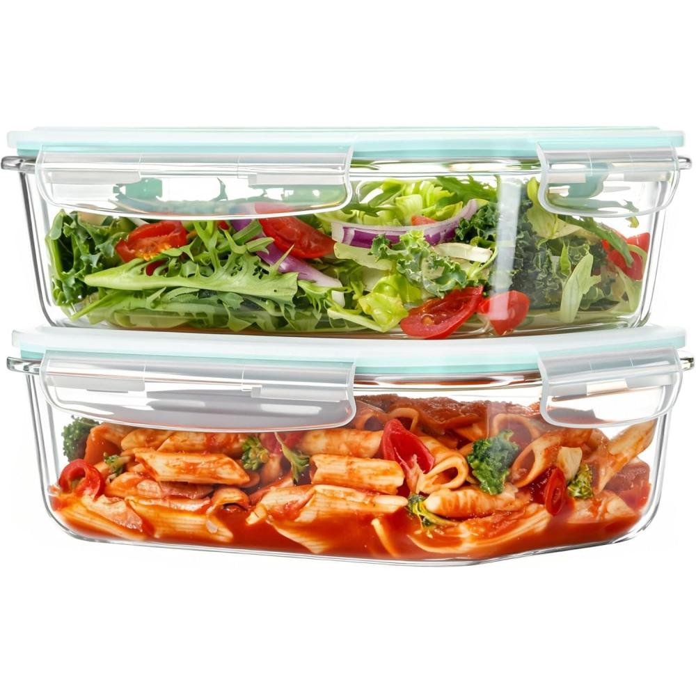 imageVtopmart 2Pack 2260ml 764oz Large Glass Containers Food Storage with Lids Meal Prep Food Container Set with Snap Airtight Lid for Baking Microwave Oven Leak Proof for Freezer Dishwasher GreenGreen