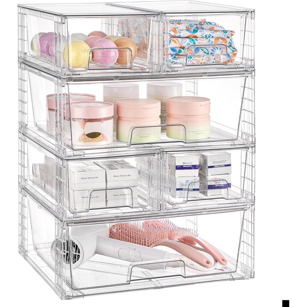 imageVtopmart 3 Pack Clear Stackable Storage DrawersEasy to Assemble Bathroom Organizers and Storage with handlesPlastic Drawers for Kitchen PantryCabinetUnder Sink Organization4 Small2 Wide