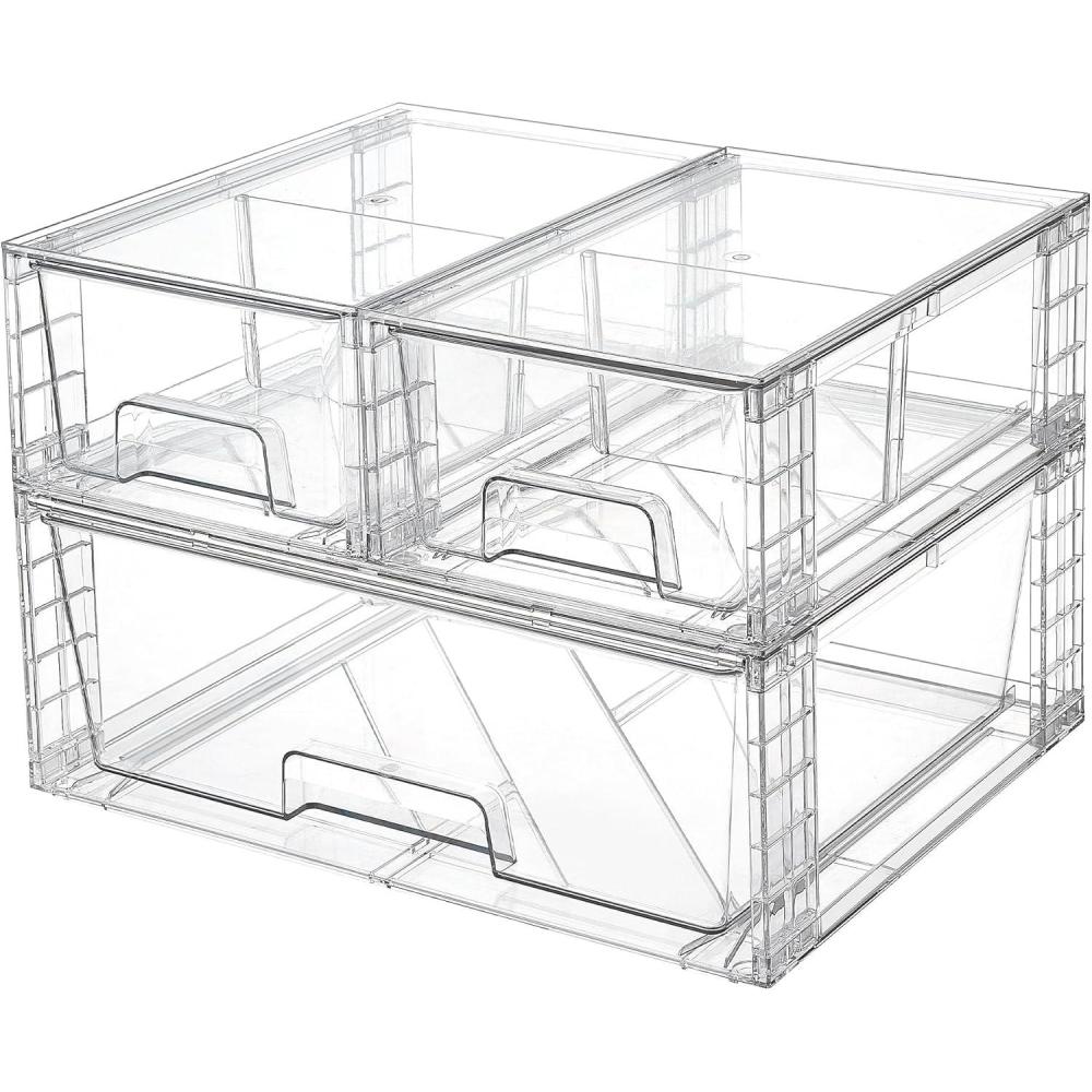 imageVtopmart 3 Pack Clear Stackable Storage DrawersEasy to Assemble Bathroom Organizers and Storage with handlesPlastic Drawers for Kitchen PantryCabinetUnder Sink Organization1 Wide2 Small