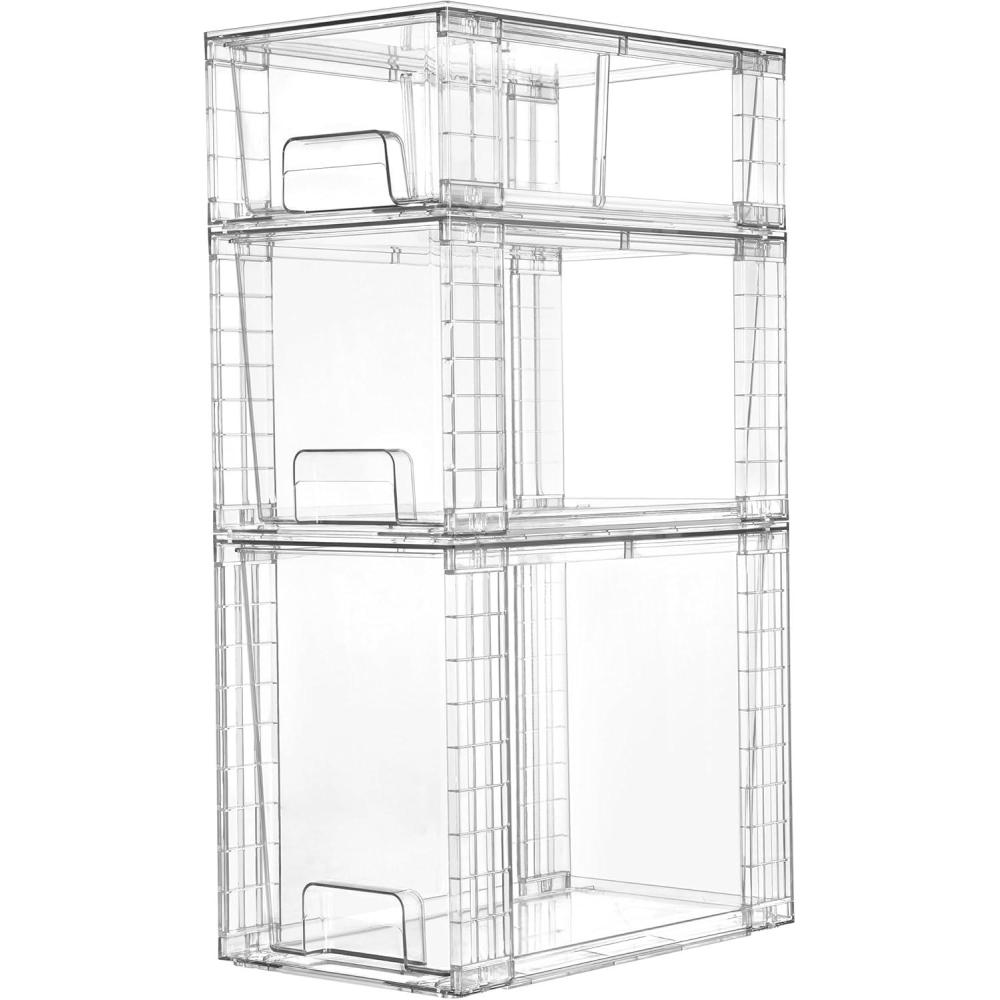 imageVtopmart 3 Pack Clear Stackable Storage DrawersEasy to Assemble Bathroom Organizers and Storage with handlesPlastic Drawers for Kitchen PantryCabinetUnder Sink Organization1 Large1 Medium1 Small