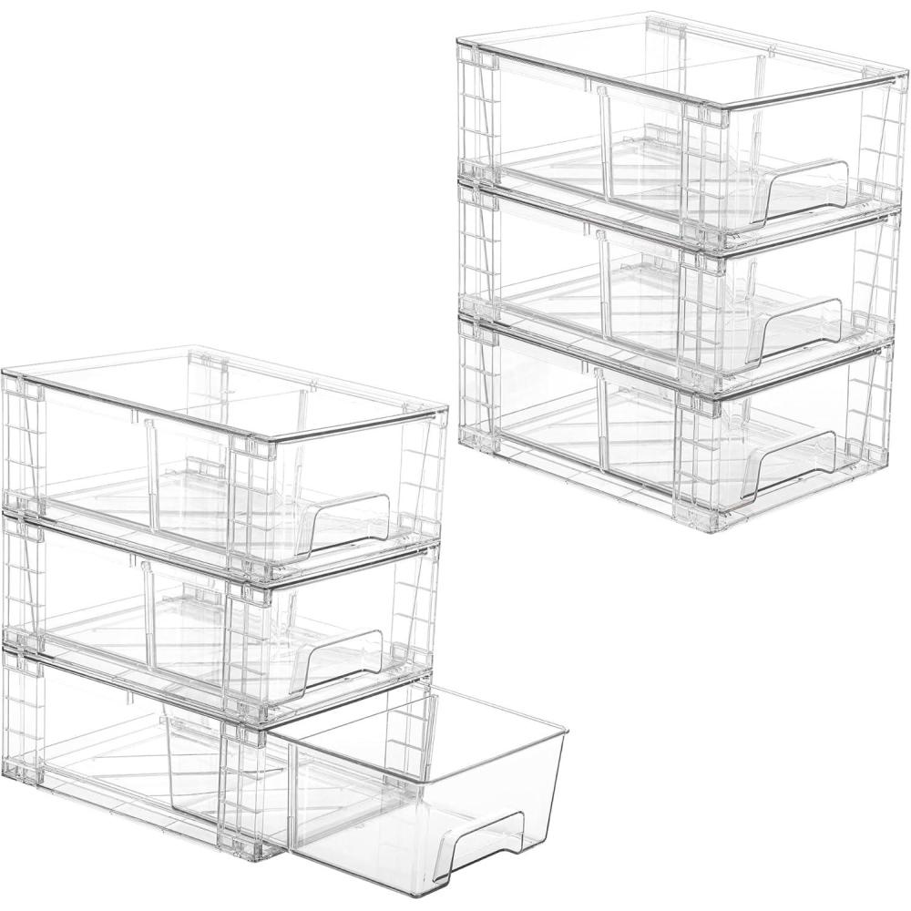imageVtopmart 4Pack Large Stackable Kitchen Pantry Storage Drawers Clear Organizer Bins with Handles Acrylic Drawer Organizers for Kitchen Pantry Bathroom Undersink Cabinet Organization and Storage6Pack 44Hwith Dividers
