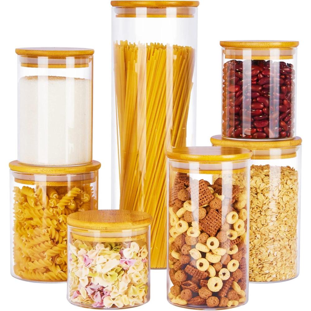 imageVtopmart 70oz Glass Food Storage Jars 3 Pack Large Kitchen Containers with Airtight Bamboo Lids for Pasta Nuts Flour Canisters Set for Cereal Pantry Organization BPA Free7 Pack 15 oz 74 oz