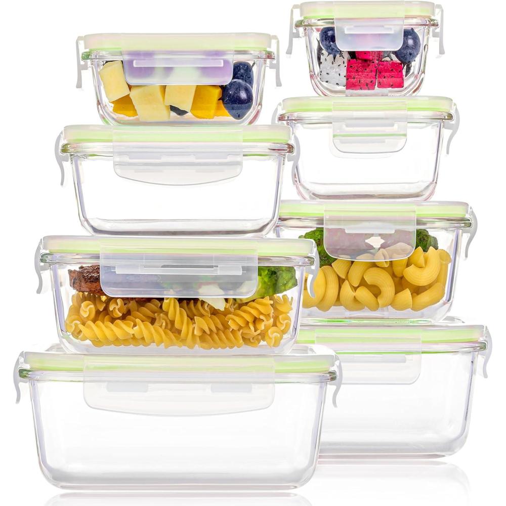 imageVtopmart 8 Pack Glass Food Storage Containers with Airtight Lids Glass Meal Prep Containers Lunch Office Meal for Microwave Oven Freezer and Dishwasher BPA FreeGrass Green
