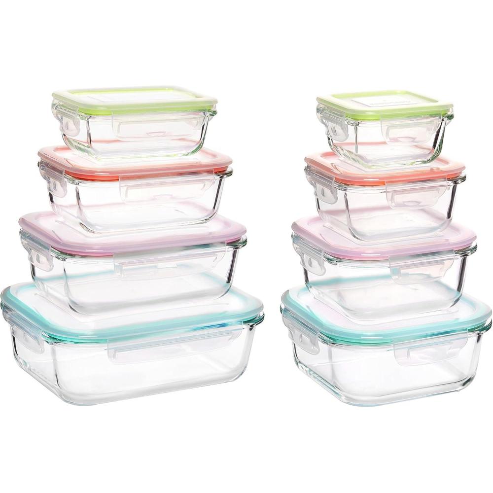 imageVtopmart 8 Pack Glass Food Storage Containers with Airtight Lids Glass Meal Prep Containers Lunch Office Meal for Microwave Oven Freezer and Dishwasher BPA FreeMulticolors