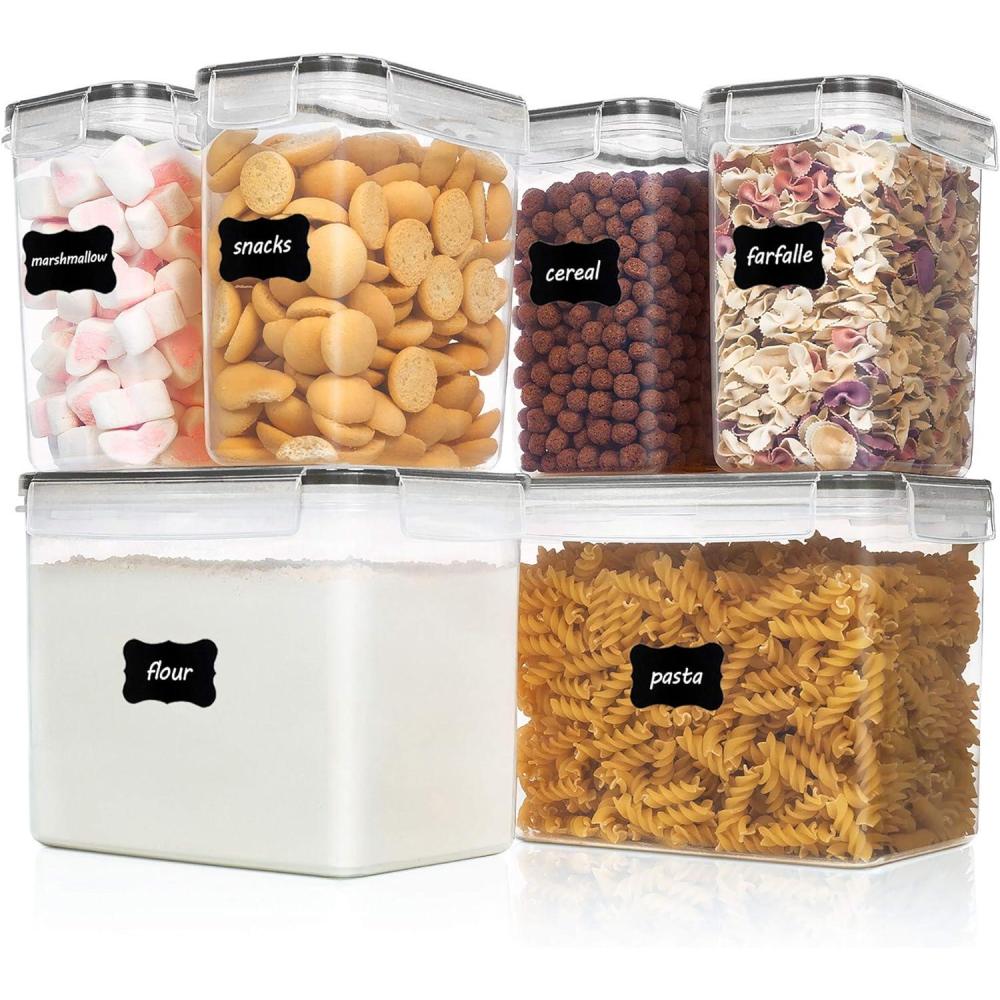 imageVtopmart Airtight Food Storage Containers 6 Pieces Plastic BPA Free Kitchen Pantry Storage Containers for SugarFlour and Baking Supplies Dishwasher Safe Include 24 Labels Black
