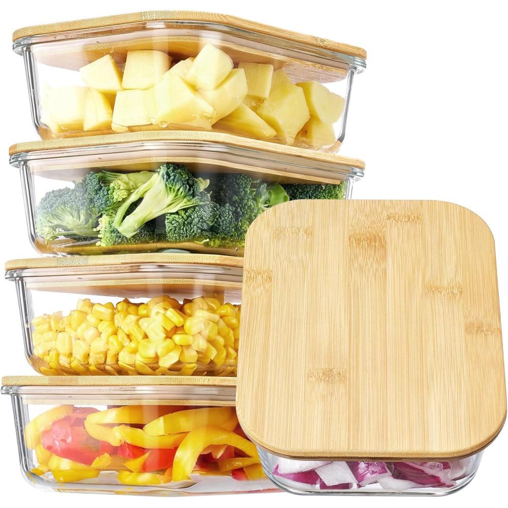 imageVtopmart Glass Food Storage Containers with Bamboo Lids 4 Pack Meal Prep Glass Containers Safe for Microwave Oven Freezer and Dishwasher BPA FreeSet of 5 35oz