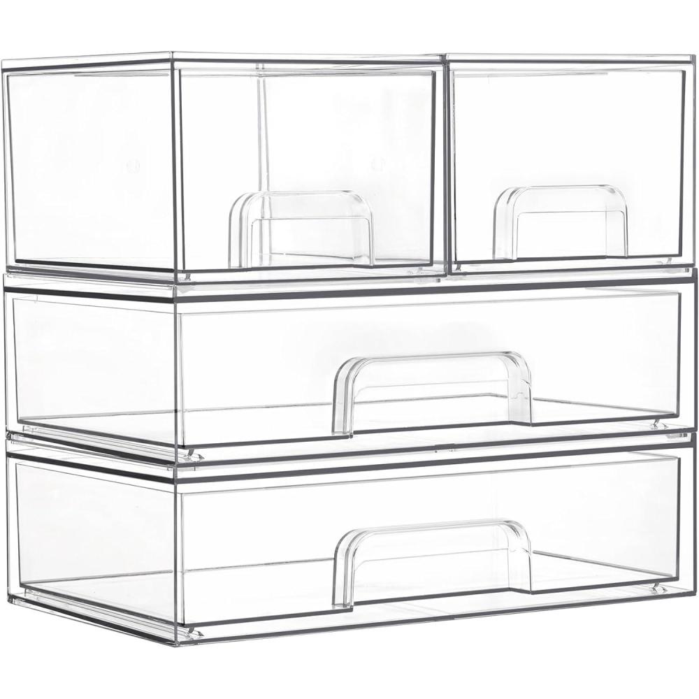 imageVtopmart Stackable Storage Drawers Set of 6 Clear Plastic Organizer Bins for Bathroom SuppliesIdeal for CabinetPantryLaundry Room Organization2 Small2 Wide
