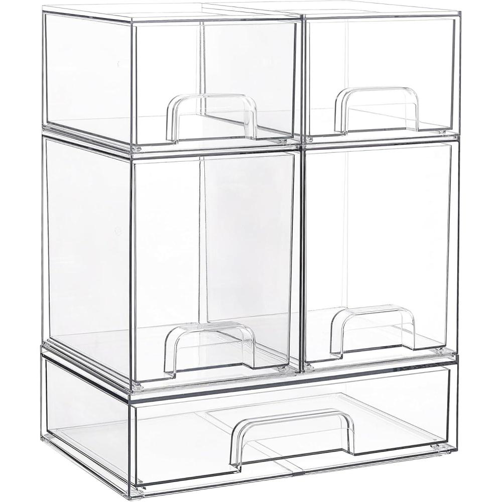 imageVtopmart Stackable Storage Drawers Set of 6 Clear Plastic Organizer Bins for Bathroom SuppliesIdeal for CabinetPantryLaundry Room Organization2 Small2 High1 Wide