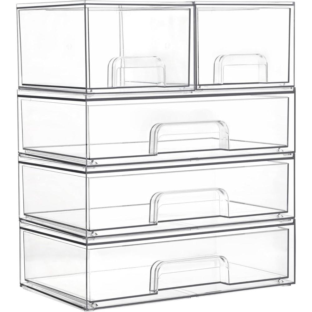 imageVtopmart Stackable Storage Drawers Set of 6 Clear Plastic Organizer Bins for Bathroom SuppliesIdeal for CabinetPantryLaundry Room Organization2 Small3 Wide