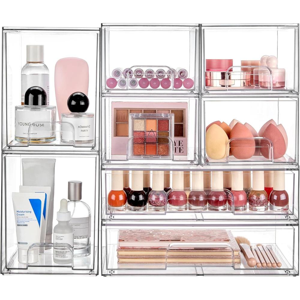 imageVtopmart Stackable Storage Drawers Set of 6 Clear Plastic Organizer Bins for Bathroom SuppliesIdeal for CabinetPantryLaundry Room Organization4 Small2 High2 Wide