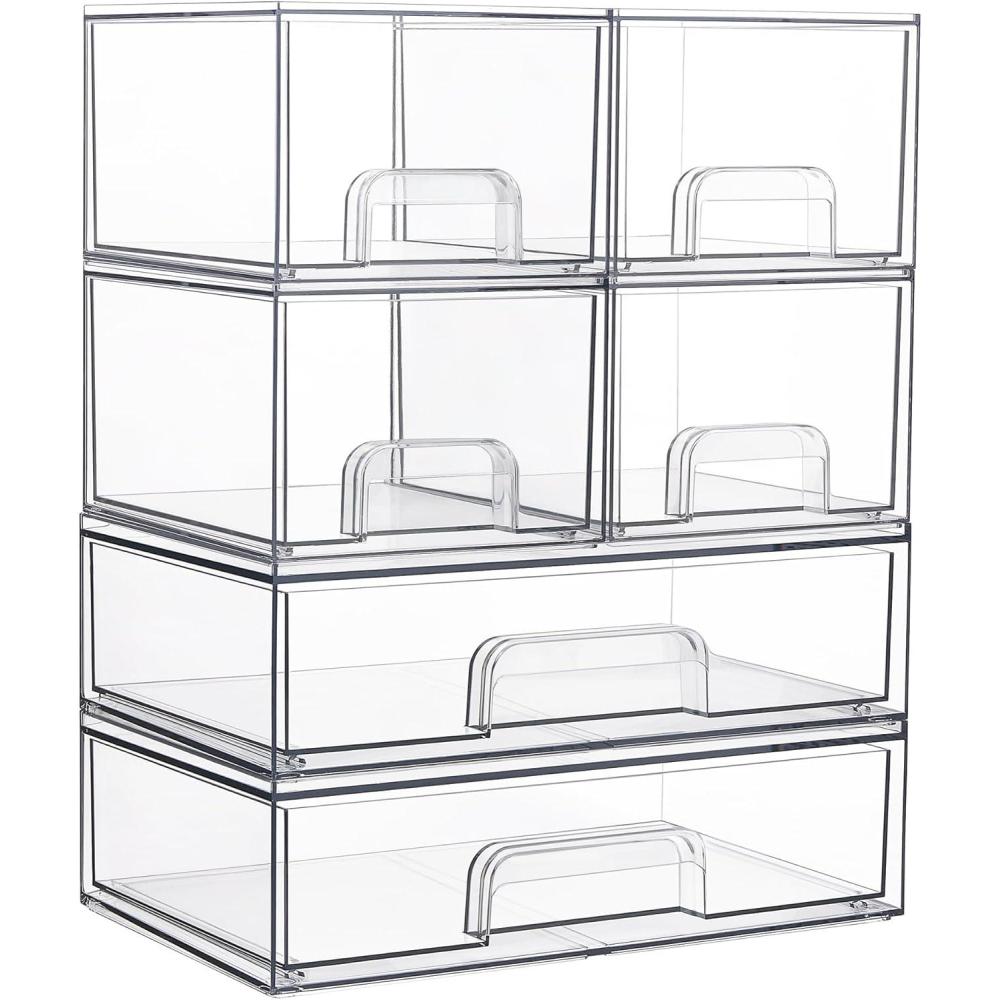 imageVtopmart Stackable Storage Drawers Set of 6 Clear Plastic Organizer Bins for Bathroom SuppliesIdeal for CabinetPantryLaundry Room Organization4 Small2 Wide