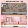 Vtopmart 44 PCS Clear Plastic Drawer Organizers Set, 4-Size Versatile Bathroom and Vanity Organizer Trays, Non-Slip Storage Containers for Makeup, Jewelries, Bedroom，Kitchen Utensils and Office(Pink)