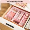 Vtopmart 44 PCS Clear Plastic Drawer Organizers Set, 4-Size Versatile Bathroom and Vanity Organizer Trays, Non-Slip Storage Containers for Makeup, Jewelries, Bedroom，Kitchen Utensils and Office(Pink)