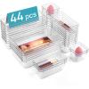 Vtopmart 44 PCS Clear Plastic Drawer Organizers Set, 4-Size Versatile Bathroom and Vanity Organizer Trays, Non-Slip Storage Containers for Makeup, Jewelries, Bedroom，Kitchen Utensils and Office(Clear)