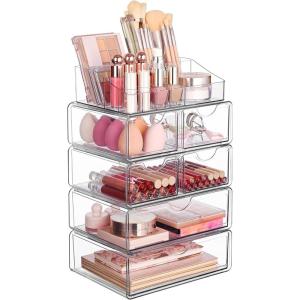 Vtopmart 1 Tier Clear Makeup Organizer with Drawer, Cosmetic Storage for Dresser Countertop and Bathroom Vanity, Beauty Holder for Lipstick Brush Skincare(5 Tier (2 Sizes Drawer))