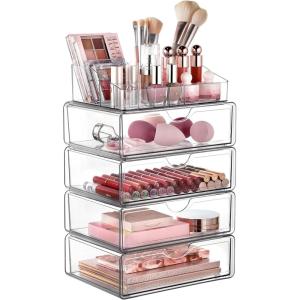 Vtopmart 1 Tier Clear Makeup Organizer with Drawer, Cosmetic Storage for Dresser Countertop and Bathroom Vanity, Beauty Holder for Lipstick Brush Skincare(5 Tier)