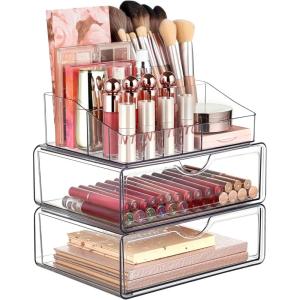 Vtopmart 1 Tier Clear Makeup Organizer with Drawer, Cosmetic Storage for Dresser Countertop and Bathroom Vanity, Beauty Holder for Lipstick Brush Skincare(3 Tier)