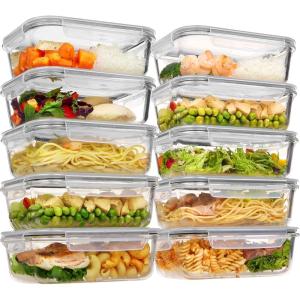 Vtopmart 10 Pack 35oz Glass Food Storage Containers with Lids, Meal Prep Containers, Airtight Reusable Lunch Container Set, Safe for Oven, Microwave, Freezer, and Dishwasher, Grey