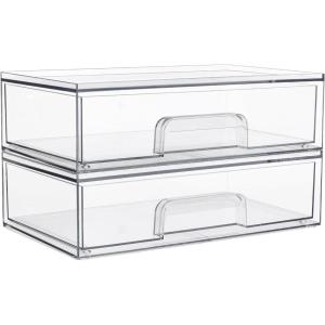 Vtopmart 12.1”W Clear Stackable Storage Drawers,3 Pack Acrylic Plastic Organizers Bins for Makeup Palettes, Cosmetics, and Beauty Supplies,Ideal for Vanity, Bathroom,Cabinet,Desk Organization(2pack Wide)
