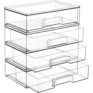 Vtopmart 12.1”W Clear Stackable Storage Drawers,3 Pack Acrylic Plastic Organizers Bins for Makeup Palettes, Cosmetics, and Beauty Supplies,Ideal for Vanity, Bathroom,Cabinet,Desk Organization(4pack Wide)