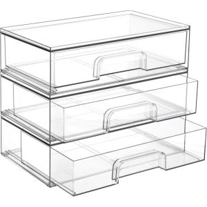 Vtopmart 12.1”W Clear Stackable Storage Drawers,3 Pack Acrylic Plastic Organizers Bins for Makeup Palettes, Cosmetics, and Beauty Supplies,Ideal for Vanity, Bathroom,Cabinet,Desk Organization(3pack Wide)