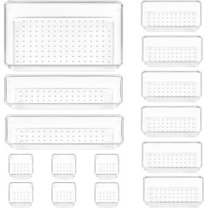 Vtopmart 15 PCS Clear Plastic Drawer Organizers Set, 4-Size Versatile Bathroom and Vanity Organizer Trays, Non-Slip Storage Containers for Makeup, Jewelries, Bedroom，Kitchen Utensils and Office(15 PCS)
