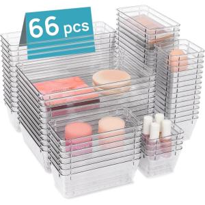 Vtopmart 15 PCS Clear Plastic Drawer Organizers Set, 4-Size Versatile Bathroom and Vanity Organizer Trays, Non-Slip Storage Containers for Makeup, Jewelries, Bedroom，Kitchen Utensils and Office(66 PCS)