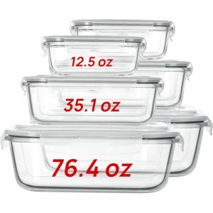 Vtopmart 220oz + 76.4oz Extra Large Glass Storage Containers Set, Meal Prep Food Container Sets with Snap Airtight Lids for Roasting Turkey, Rotisserie Chicken, Baking, Watermelon Storage, BPA Free(6pack mixed sizes)