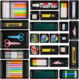 Vtopmart 25 PCS Plastic Drawer Organizers Set, 4-Size Versatile Bathroom and Vanity Drawer Organizer Trays, Storage Bins for Makeup, Bedroom, Kitchen Gadgets Utensils and Office(Black)