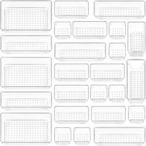 Vtopmart 25 PCS Plastic Drawer Organizers Set, 4-Size Versatile Bathroom and Vanity Drawer Organizer Trays, Storage Bins for Makeup, Bedroom, Kitchen Gadgets Utensils and Office(Clear)