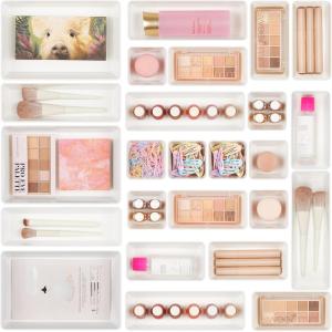 Vtopmart 25 PCS Plastic Drawer Organizers Set, 4-Size Versatile Bathroom and Vanity Drawer Organizer Trays, Storage Bins for Makeup, Bedroom, Kitchen Gadgets Utensils and Office(White)
