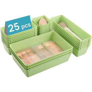 Vtopmart 25 PCS Plastic Drawer Organizers Set, 4-Size Versatile Bathroom and Vanity Drawer Organizer Trays, Storage Bins for Makeup, Bedroom, Kitchen Gadgets Utensils and Office(Light Green)