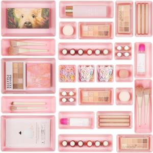 Vtopmart 25 PCS Plastic Drawer Organizers Set, 4-Size Versatile Bathroom and Vanity Drawer Organizer Trays, Storage Bins for Makeup, Bedroom, Kitchen Gadgets Utensils and Office(Pink)