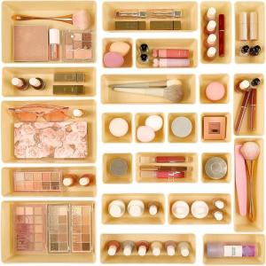 Vtopmart 25 PCS Plastic Drawer Organizers Set, 4-Size Versatile Bathroom and Vanity Drawer Organizer Trays, Storage Bins for Makeup, Bedroom, Kitchen Gadgets Utensils and Office(Beige)