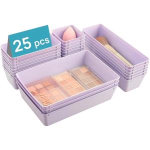 Vtopmart 25 PCS Plastic Drawer Organizers Set, 4-Size Versatile Bathroom and Vanity Drawer Organizer Trays, Storage Bins for Makeup, Bedroom, Kitchen Gadgets Utensils and Office(Lilac)