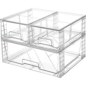 Vtopmart 3 Pack Clear Stackable Storage Drawers,Easy to Assemble Bathroom Organizers and Storage with handles,Plastic Drawers for Kitchen Pantry,Cabinet,Under Sink Organization(1 Wide+2 Small)