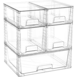 Vtopmart 3 Pack Clear Stackable Storage Drawers,Easy to Assemble Bathroom Organizers and Storage with handles,Plastic Drawers for Kitchen Pantry,Cabinet,Under Sink Organization(1 Wide+2 Medium+2 Small)