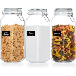 Vtopmart 34oz Glass Food Storage Jars with Airtight Clamp Lids, 3 Pack Kitchen Canisters for Flour, Cereal, Coffee, Pasta and Canning, Square Mason Jar with 8 Chalkboard Labels(3pack-78oz-Square)