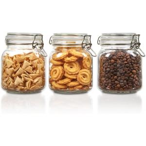 Vtopmart 34oz Glass Food Storage Jars with Airtight Clamp Lids, 3 Pack Kitchen Canisters for Flour, Cereal, Coffee, Pasta and Canning, Square Mason Jar with 8 Chalkboard Labels(3pack-34oz-Round)