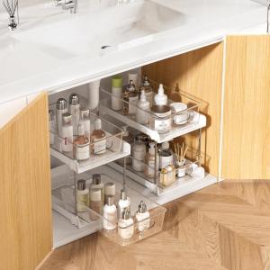 Vtopmart 4 Pack 2 Tier Bathroom Under Sink Organizers and Storage, Clear Kitchen Pantry Organization, Pull Out Medicine Cabinet Organizer with Movable Dividers(White)