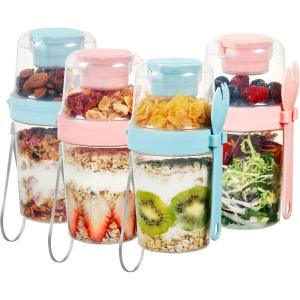 Vtopmart 4 Pack 27oz Yogurt Parfait Cups with Lids and Spoons, Overnight Oats Containers, Reusable Topping Compartment for Breakfast with Yogurt, Cereal or Oatmeal On-the-Go
