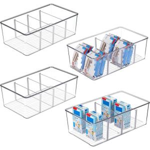 Vtopmart 4 Pack Food Storage Organizer Bins, Clear Plastic Bins for Pantry, Kitchen, Fridge, Cabinet Organization and Storage, 4 Compartment Holder Packets, Snacks, Pouches, Spice Packets(4pack)