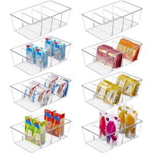 Vtopmart 4 Pack Food Storage Organizer Bins, Clear Plastic Bins for Pantry, Kitchen, Fridge, Cabinet Organization and Storage, 4 Compartment Holder Packets, Snacks, Pouches, Spice Packets(8pack)