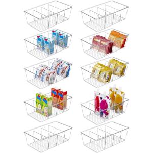 Vtopmart 4 Pack Food Storage Organizer Bins, Clear Plastic Bins for Pantry, Kitchen, Fridge, Cabinet Organization and Storage, 4 Compartment Holder Packets, Snacks, Pouches, Spice Packets(10pack)