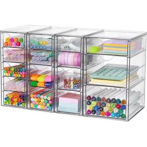 Vtopmart 4 Set Clear Desk Organizer, Pen Organizer with 16 Drawers, Acrylic Desktop Organization and Storage for Office Supplies, Pen, Makeup, Art Craft, Jewelry