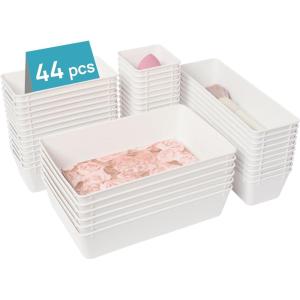 Vtopmart 44 PCS Clear Plastic Drawer Organizers Set, 4-Size Versatile Bathroom and Vanity Organizer Trays, Non-Slip Storage Containers for Makeup, Jewelries, Bedroom，Kitchen Utensils and Office(White)